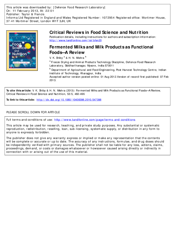 (PDF) Critical Reviews in Food Science and Nutrition Fermented Milks