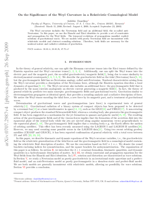 (PDF) On the Significance of the Weyl Curvature in a Relativistic