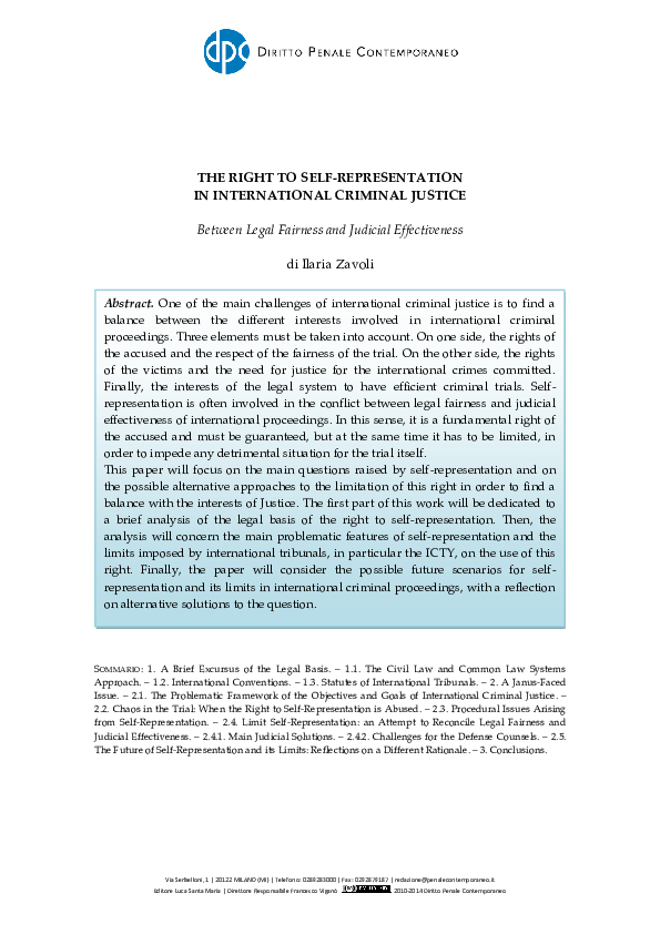 (PDF) The Right to SelfRepresentation in International Criminal
