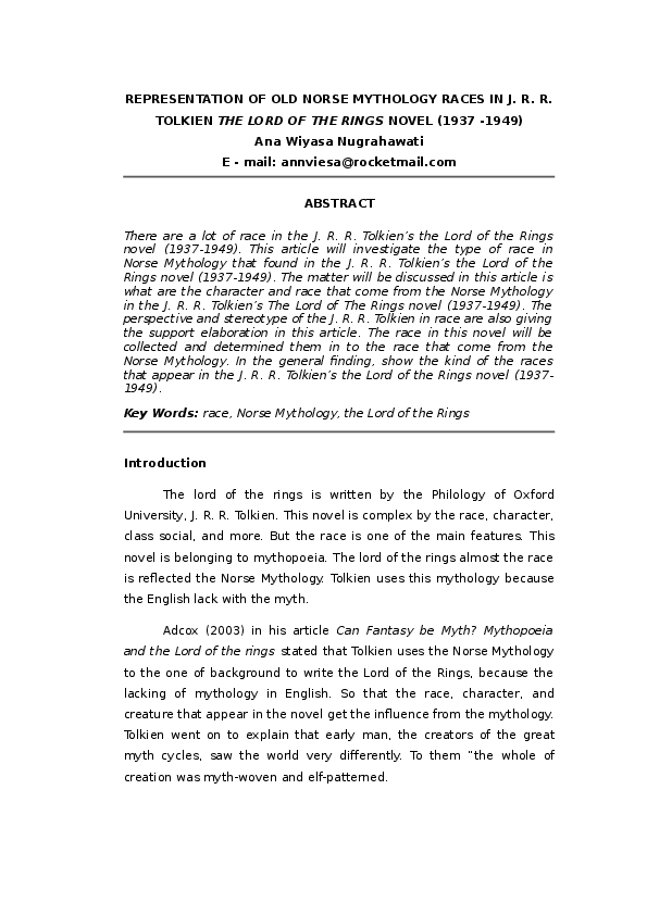REPRESENTATION OF OLD NORSE MYTHOLOGY RACES IN J. R. R. TOLKIEN THE LORD OF THE RINGS NOVEL (1937 -1949)