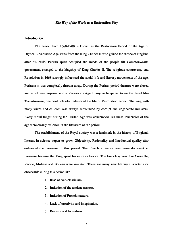 Doc The Way Of The World As A Restoration Play Introduction Harishree C Academia Edu