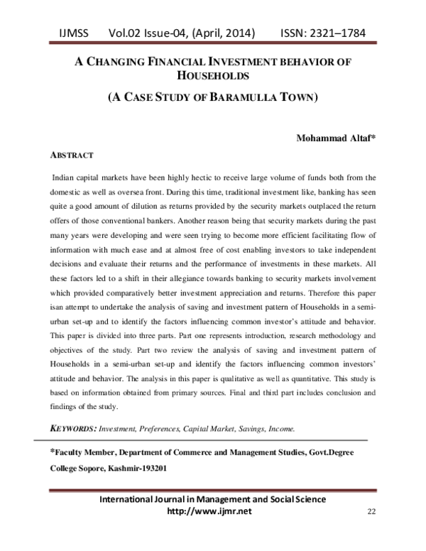 A CHANGING FINANCIAL INVESTMENT BEHAVIOR OF HOUSEHOLDS (A CASE STUDY OF