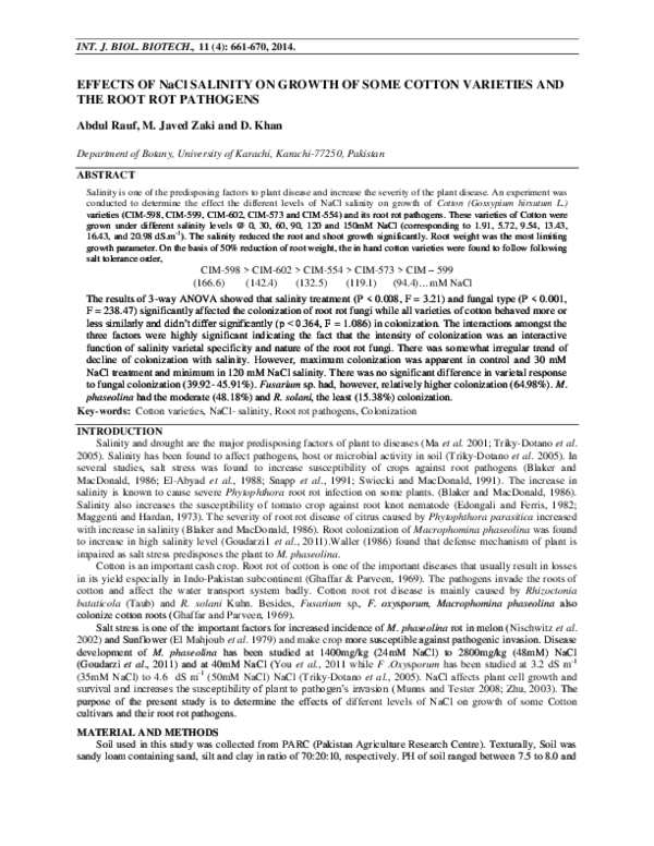 (PDF) EFFECTS OF NaCl SALINITY ON GROWTH OF SOME COTTON VARIETIES AND ...