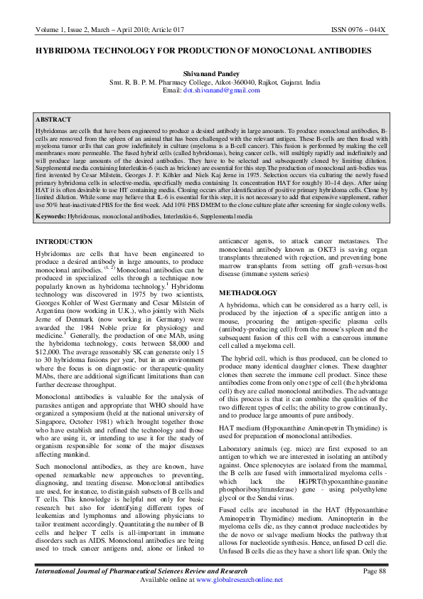 (PDF) HYBRIDOMA TECHNOLOGY FOR PRODUCTION OF MONOCLONAL ANTIBODIES