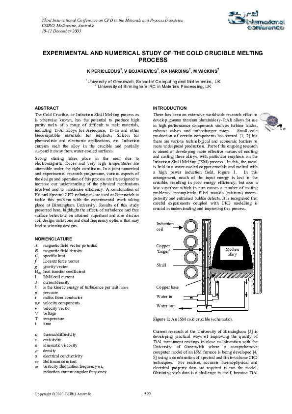 (PDF) EXPERIMENTAL AND NUMERICAL STUDY OF THE COLD CRUCIBLE MELTING PROCESS