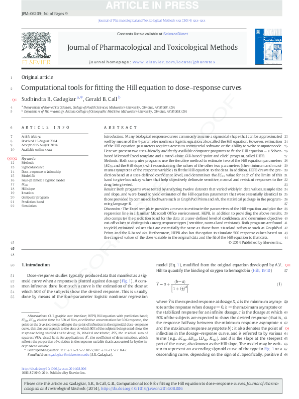 (PDF) Computational tools for fitting the Hill equation to doseresponse curves Sudhindra