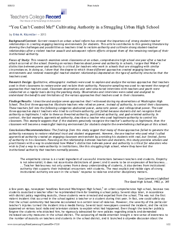 (PDF) “You Can’t Control Me!” Cultivating Authority in a Struggling