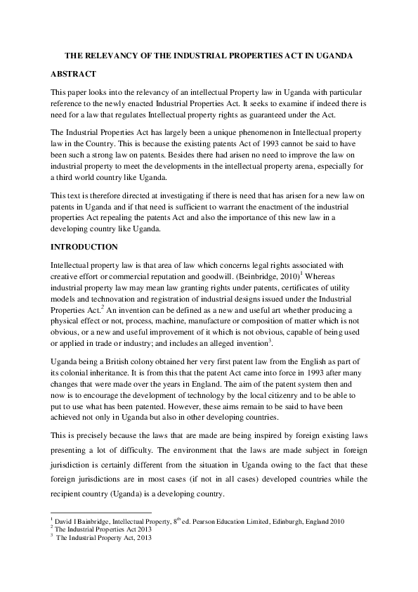 (DOC) THE RELEVANCE OF THE INDUSTRIAL PROPERTIES ACT IN UGANDA Keith