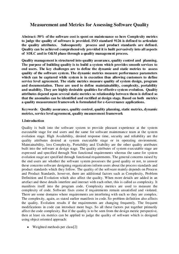 (DOC) Measurement and Metrics for Assessing Software Quality