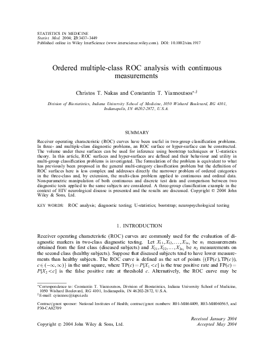 (PDF) Ordered Multiple-Class ROC Analysis With Continuous Measurements