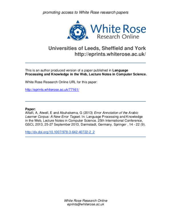 (PDF) Error Annotation of the Arabic Learner Corpus: A New Error Tagset
