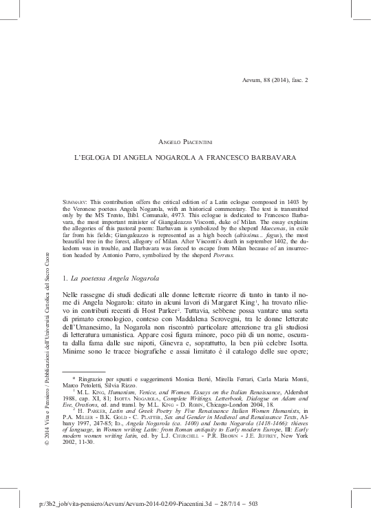 (PDF) L'egloga di Angela Nogarola a Francesco Barbavara, in «Aevum», 88