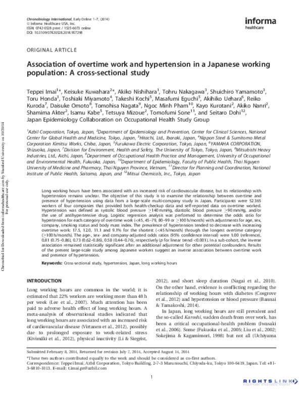 Pdf Association Of Overtime Work And Hypertension In A Japanese Working Population A Cross Sectional Study Japan Epidemiology Collaboration On Occupational Health Study Group Pham Minh Academia Edu