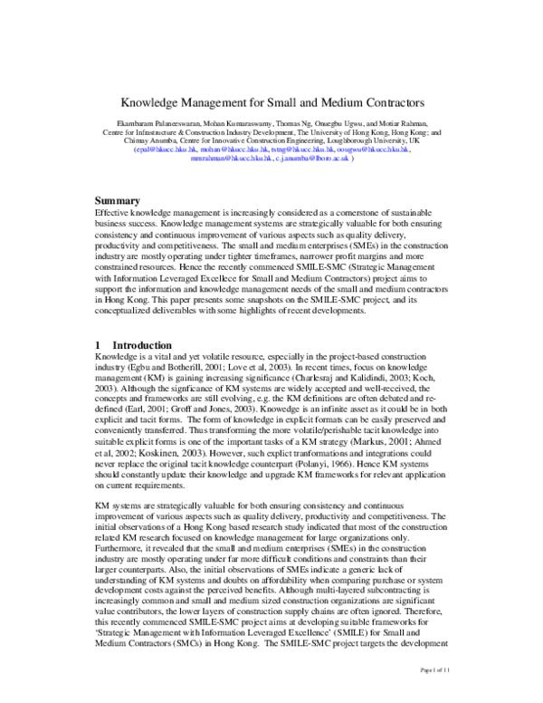 (PDF) Knowledge Management for Small and Medium Contractors