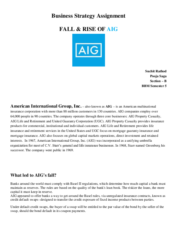 (DOC) Business Strategy Assignment FALL & RISE OF AIG