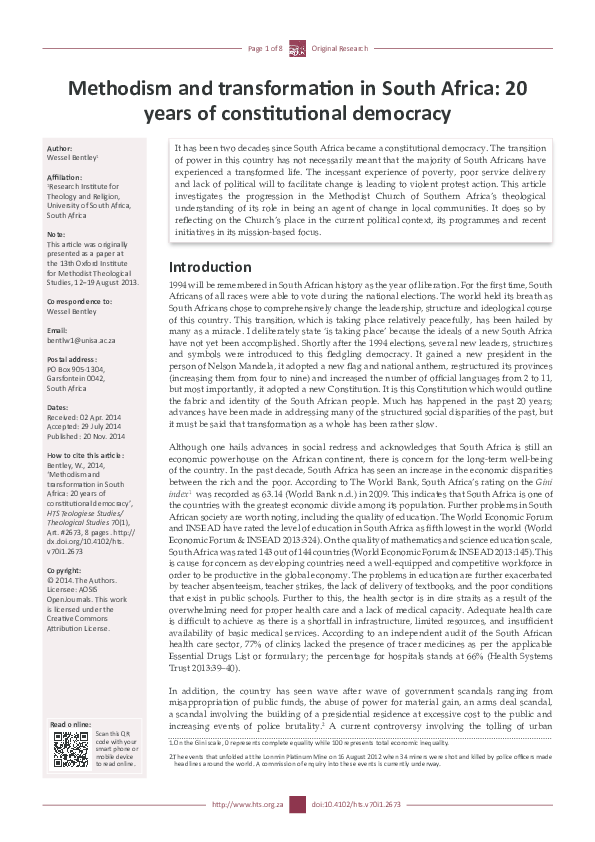 (PDF) Methodism and transformation in South Africa: 20 years of ...