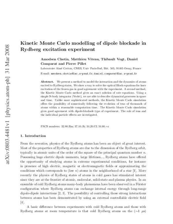 (PDF) Kinetic Monte Carlo modeling of dipole blockade in Rydberg ...