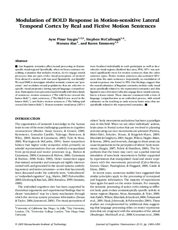 Modulation of BOLD response in motion sensitive lateral temporal cortex ...