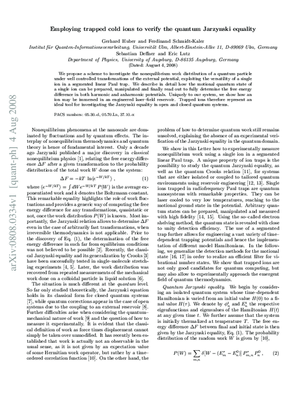 (PDF) Employing Trapped Cold Ions to Verify the Quantum Jarzynski Equality