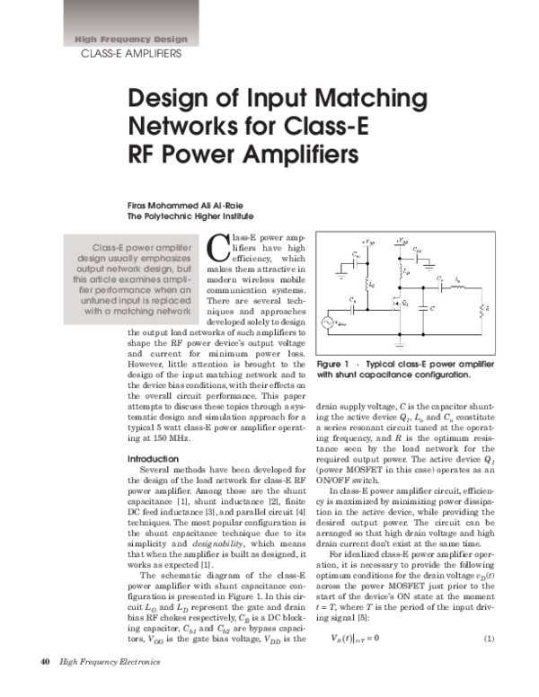 (PDF) Design of Input Matching Networks for Class E RF Power Amplifiers