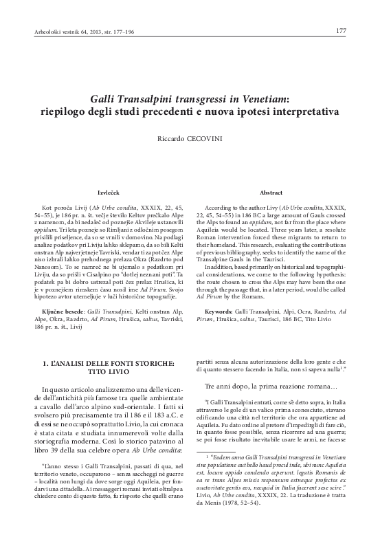 Pdf Galli Transalpini Transgressi In Venetiam Riepilogo Degli Studi Precedenti E Nuova Ipotesi Interpretativa Riccardo Cecovini Academia Edu