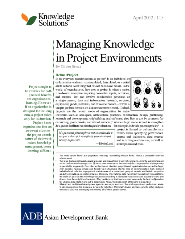 (PDF) Managing Knowledge in Project Environments