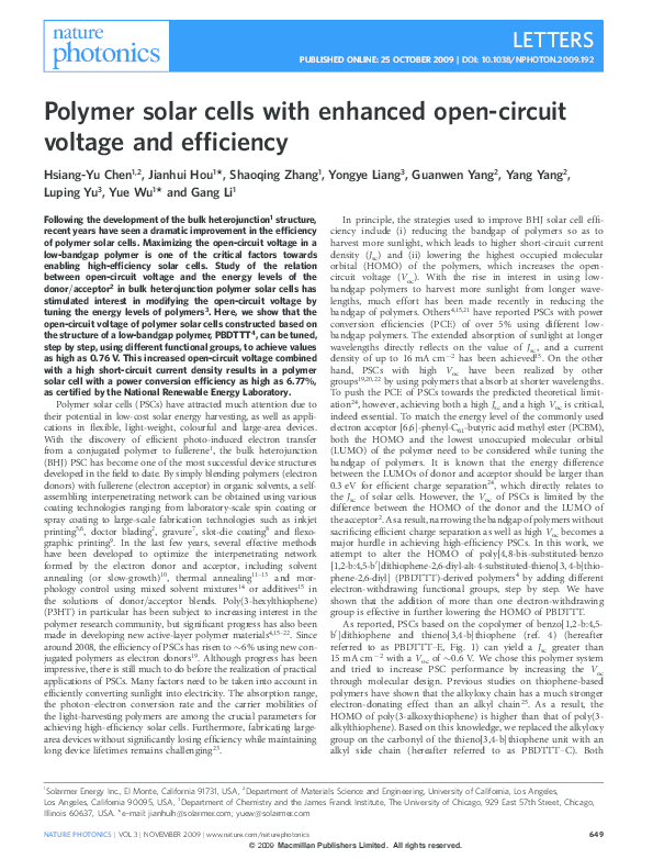 (PDF) Polymer solar cells with enhanced open-circuit voltage and efficiency