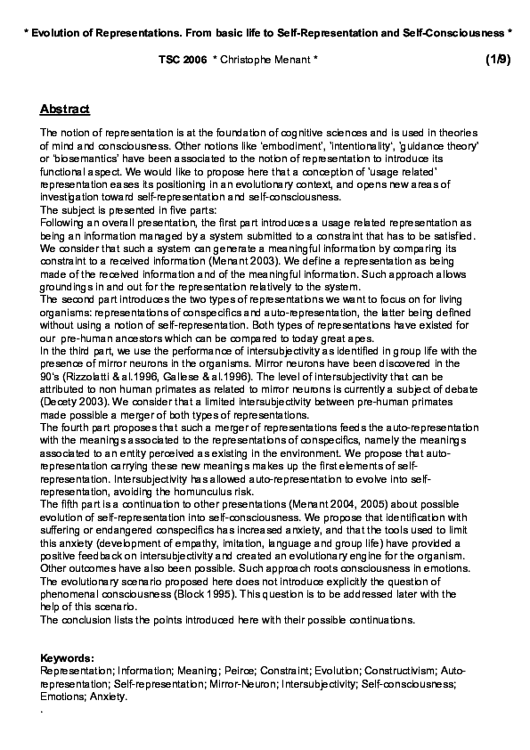 Evolution of Representations. From Basic Life to Self-Representation and Self-Consciousness (TSC 2006)