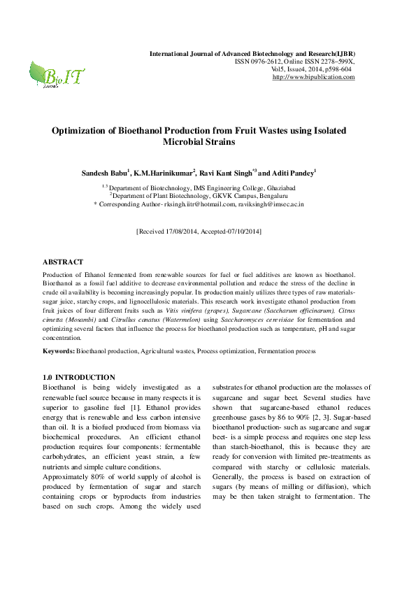 (PDF) Optimization of Bioethanol Production from Fruit Wastes using ...