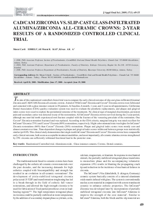 (PDF) CAD/CAM Zirconia vs. slipcast glassinfiltrated Alumina/Zirconia