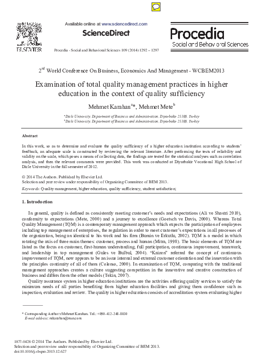 (PDF) Examination of total quality management practices in higher ...