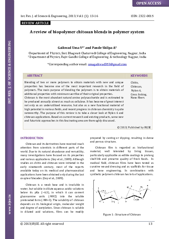 (PDF) A review of biopolymer chitosan blends in polymer system