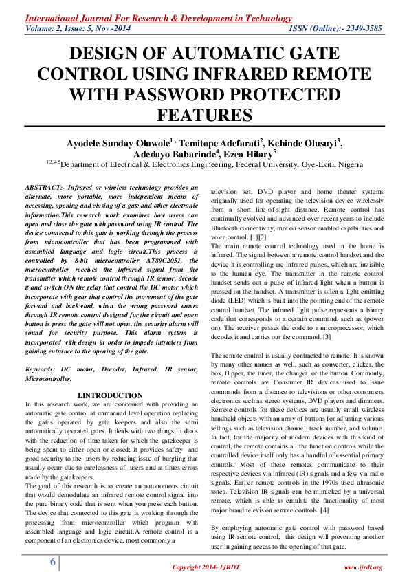 (PDF) DESIGN OF AUTOMATIC GATE CONTROL USING INFRARED REMOTE WITH
