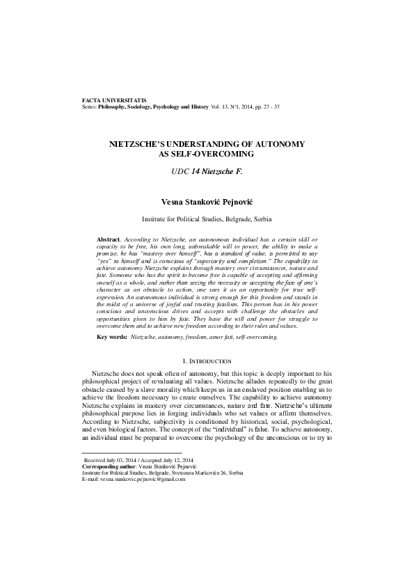 Pdf Nietzsche S Understanding Of Autonomy As Self Overcoming
