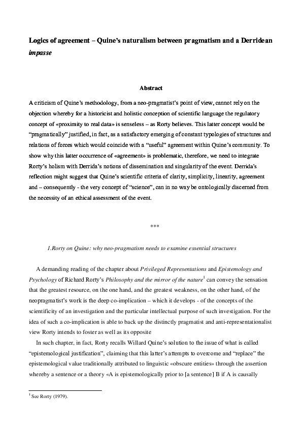 (DOC) Logics of agreement – Quine’s naturalism between pragmatism and a ...