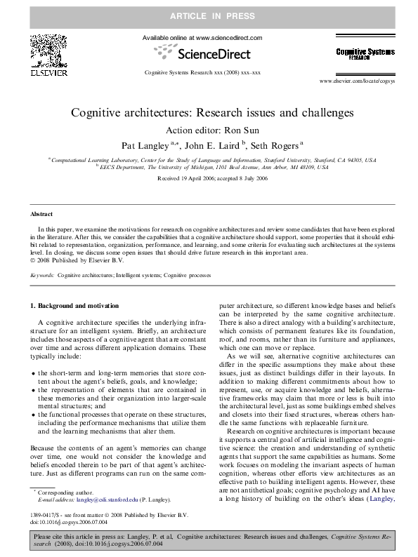 Pdf Cognitive Architectures Research Issues And Challenges Action 
