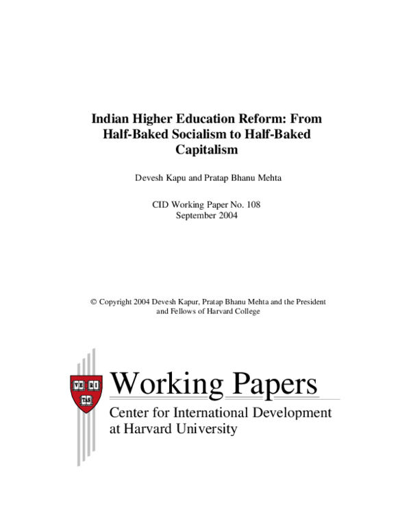 (PDF) Indian Higher Education Reform From HalfBaked Socialism to Half