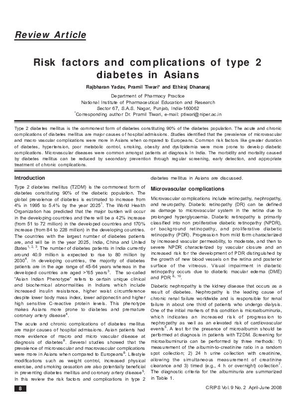 (PDF) Risk factors and complications of type 2 diabetes in Asians
