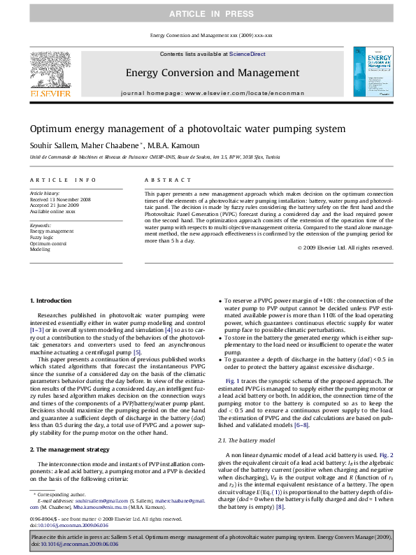 (PDF) Optimum energy management of a photovoltaic water pumping system
