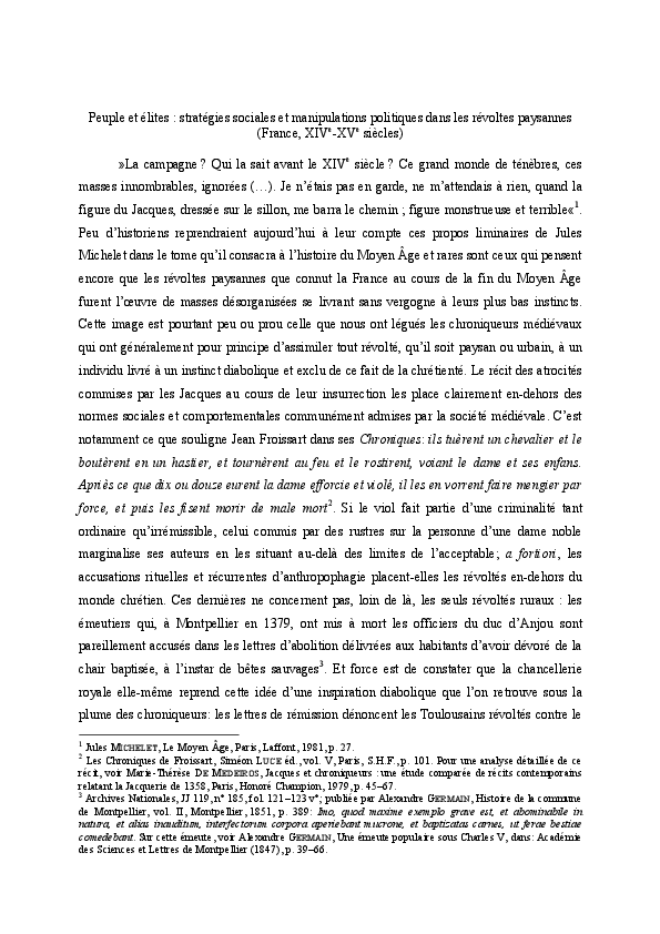 Peuple et élites: stratégies sociales et manipulations politiques dans les révoltes paysannes (France, XIVe-XVe siècle)