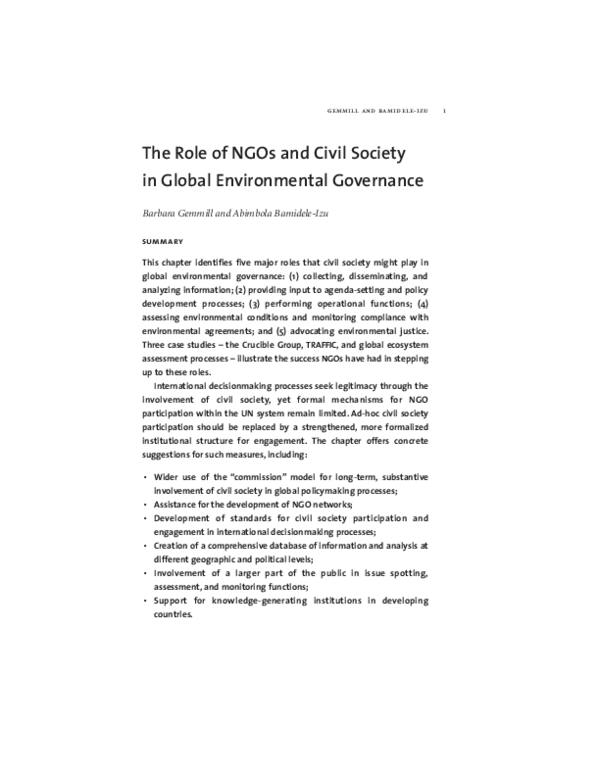 (PDF) The Role of NGOs and Civil Society in Global Environmental Governance