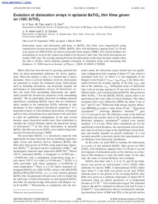 (PDF) Evolution of dislocation arrays in epitaxial BaTiO 3 thin films ...