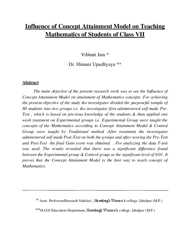 (DOC) Influence of Concept Attainment Model on Teaching Mathematics of ...