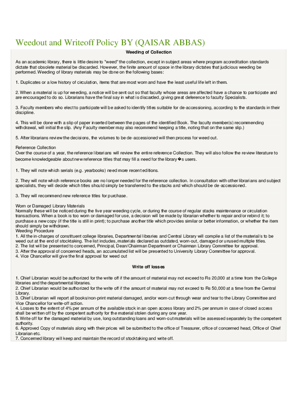 (DOC) Weedout and Writeoff Policy BY (QAISAR ABBAS) Weeding of Collection
