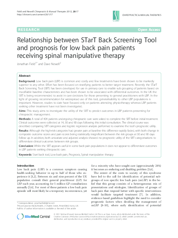 (PDF) Relationship between STarT Back Screening Tool and prognosis for