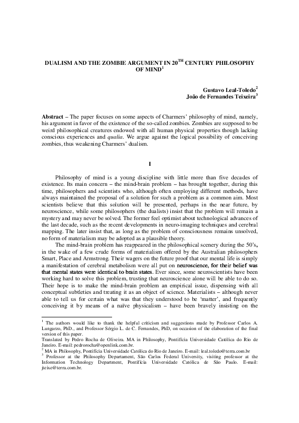(PDF) DUALISM AND THE ZOMBIE ARGUMENT IN 20TH CENTURY PHILOSOPHY OF