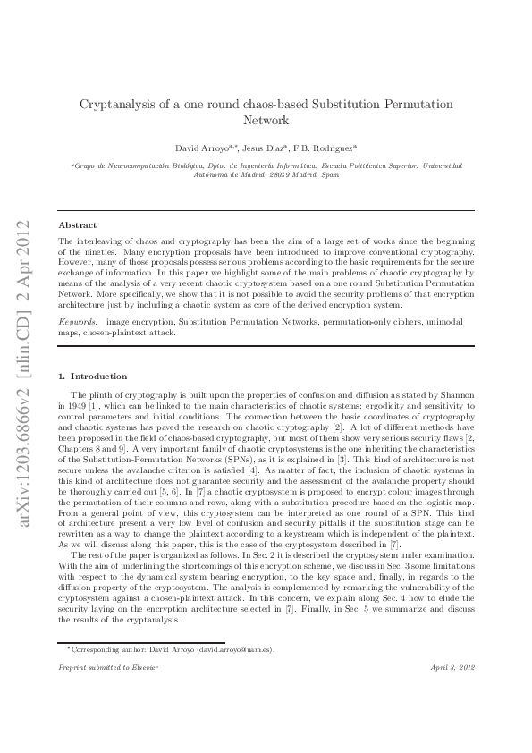 Cryptanalysis Of A One Round Chaos Based Substitution Permutation Network David Arroyo Academia Edu academia edu