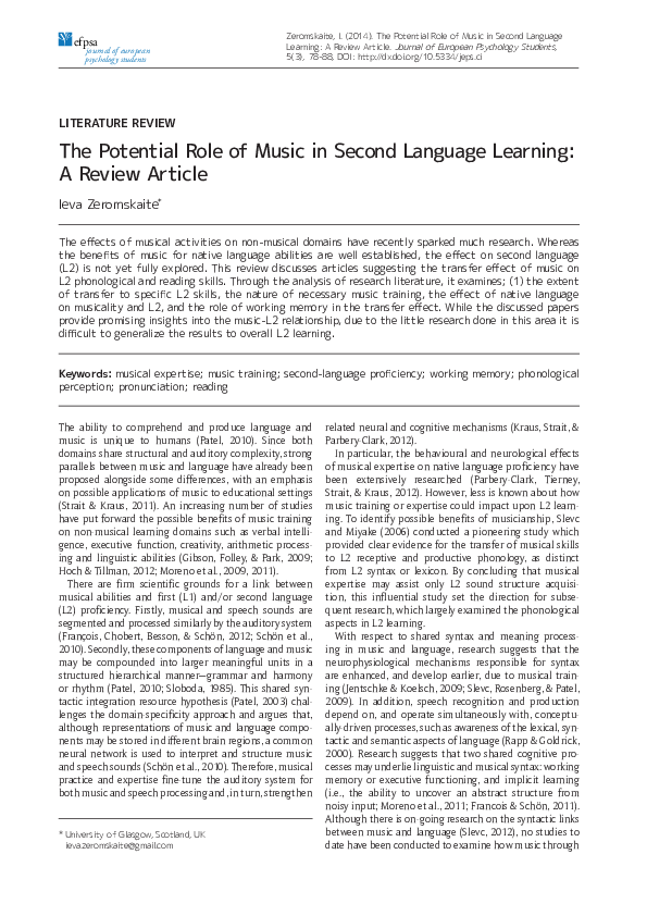 (PDF) The Potential Role of Music in Second Language Learning: A Review ...
