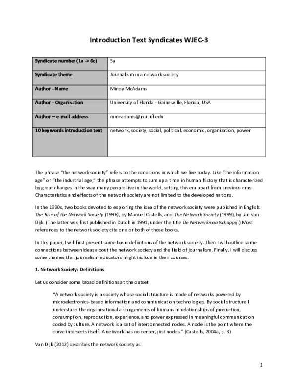 (PDF) Journalism in a Network Society - Introduction Text Syndicates ...