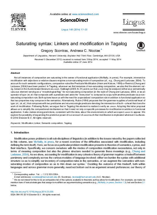 (PDF) Saturating syntax: Linkers and modification in Tagalog (Lingua SI ...